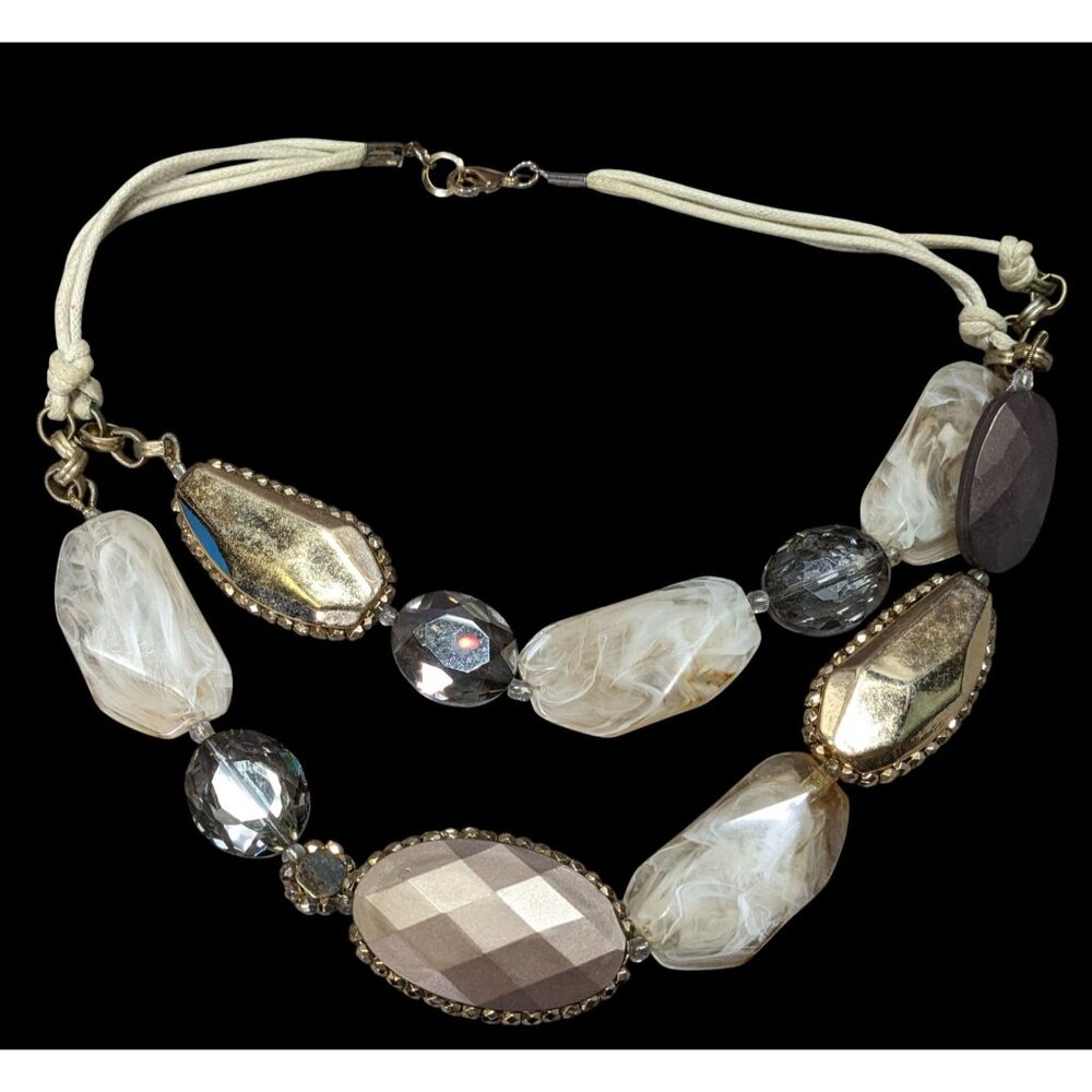Anthropologie Chunky Statement Necklace With Gold Brown & Cream Beads On Adjusta